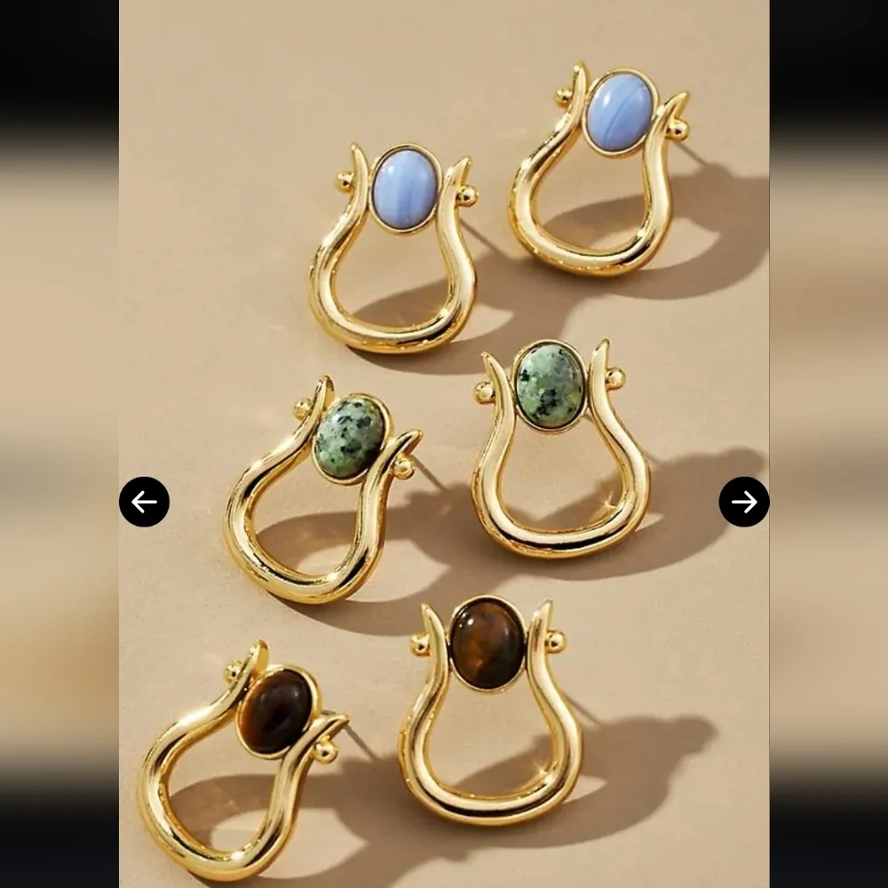 Anthropologie, Stone Horseshoe Earrings, Gold/Blue, MSRP $48